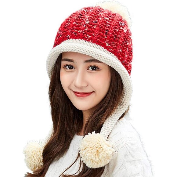 Women Red Beige Winter Peruvian Cover Ears Beanie Hat Ear Flaps Sherpa Ski Snow - Picture 2 of 9
